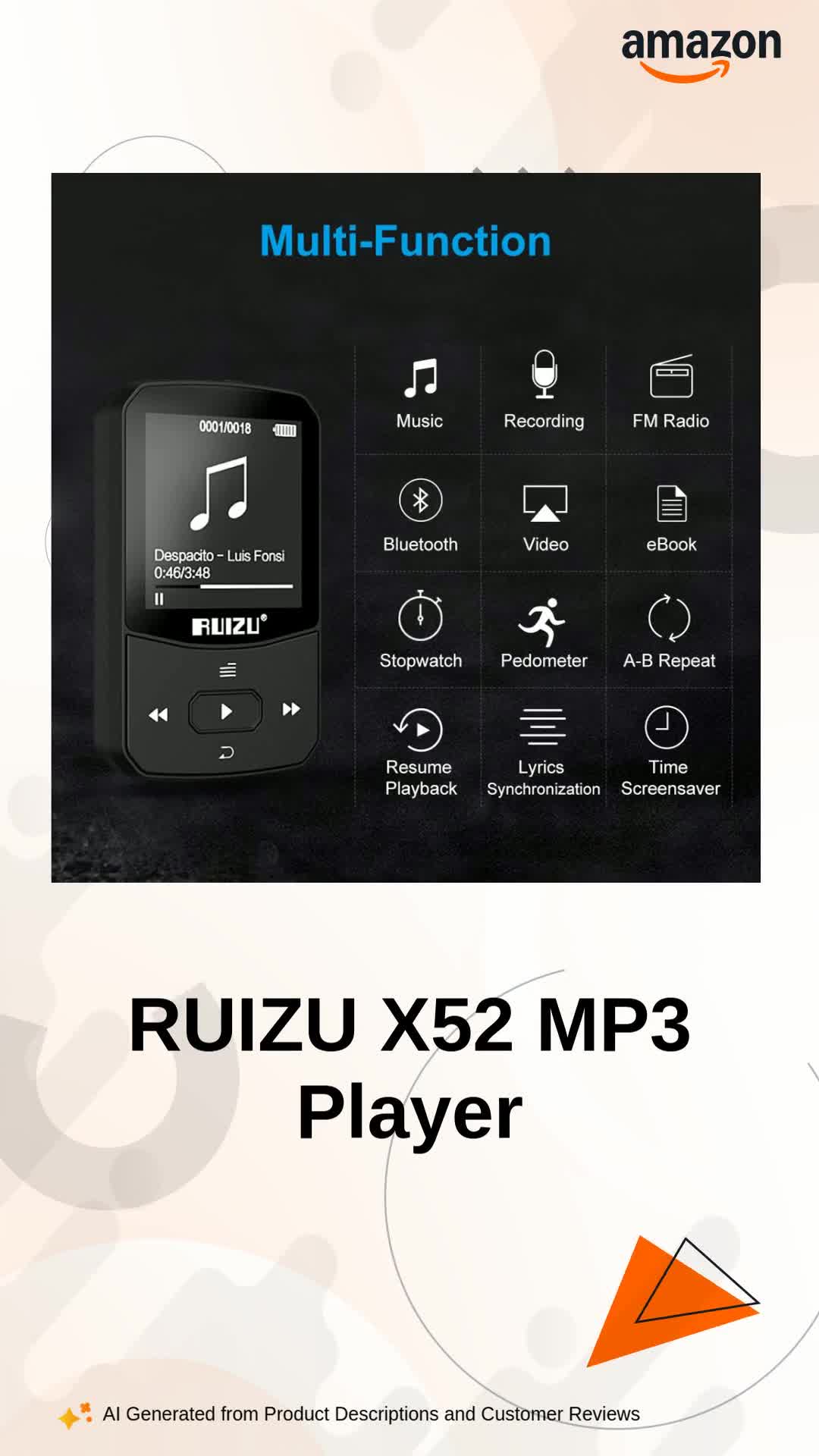 RUIZU X52 16GB Clip Mp3 Player with Bluetooth 5.0
